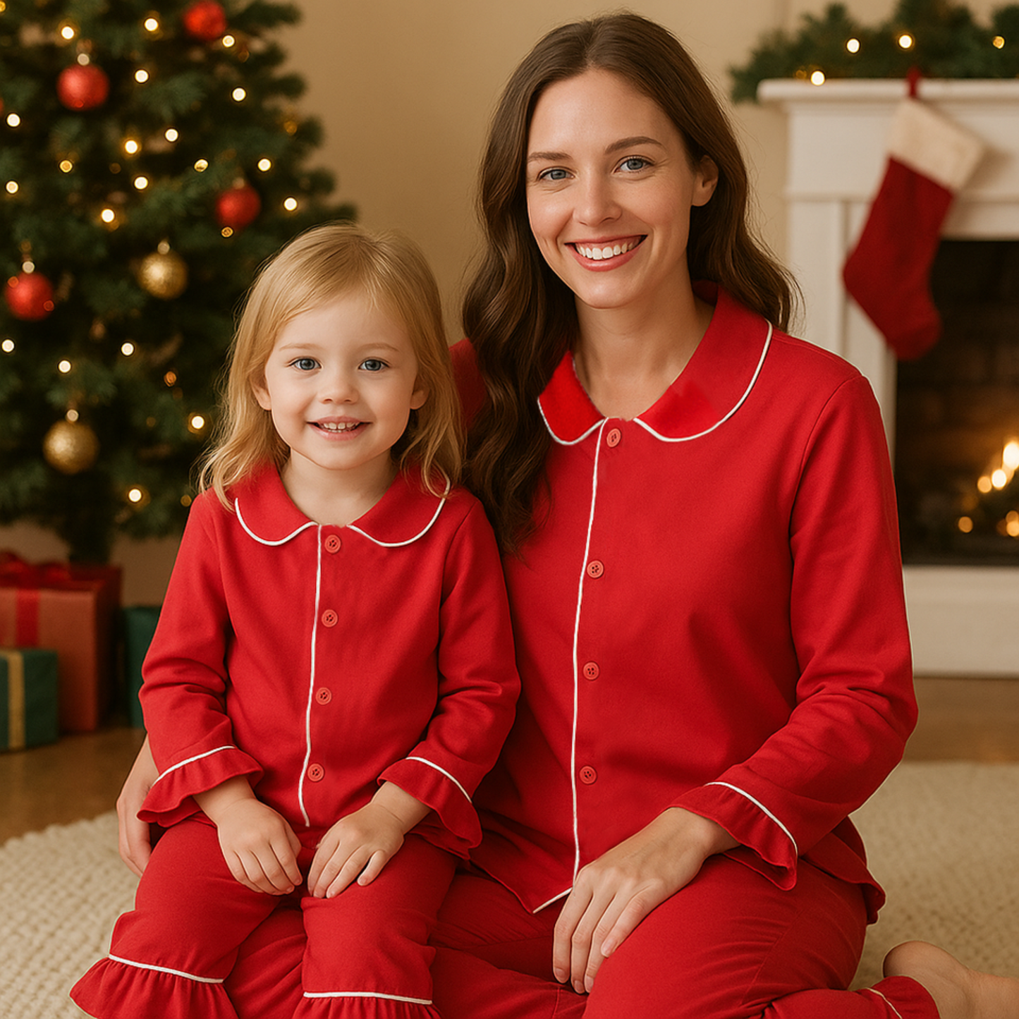 Red Cotton Pajamas for Kids, Mom & Dad