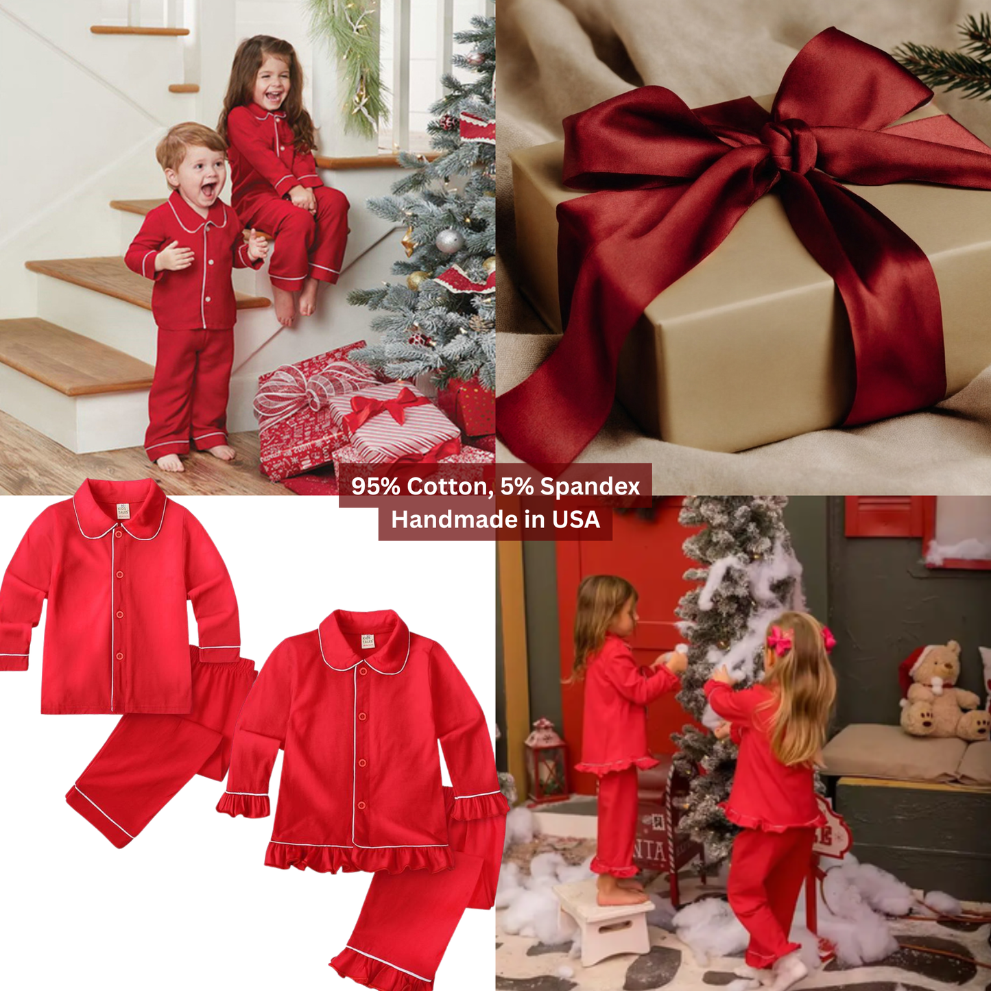 Red Cotton Pajamas for Kids, Mom & Dad