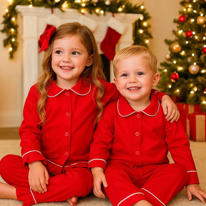 Red Cotton Pajamas for Kids, Mom & Dad