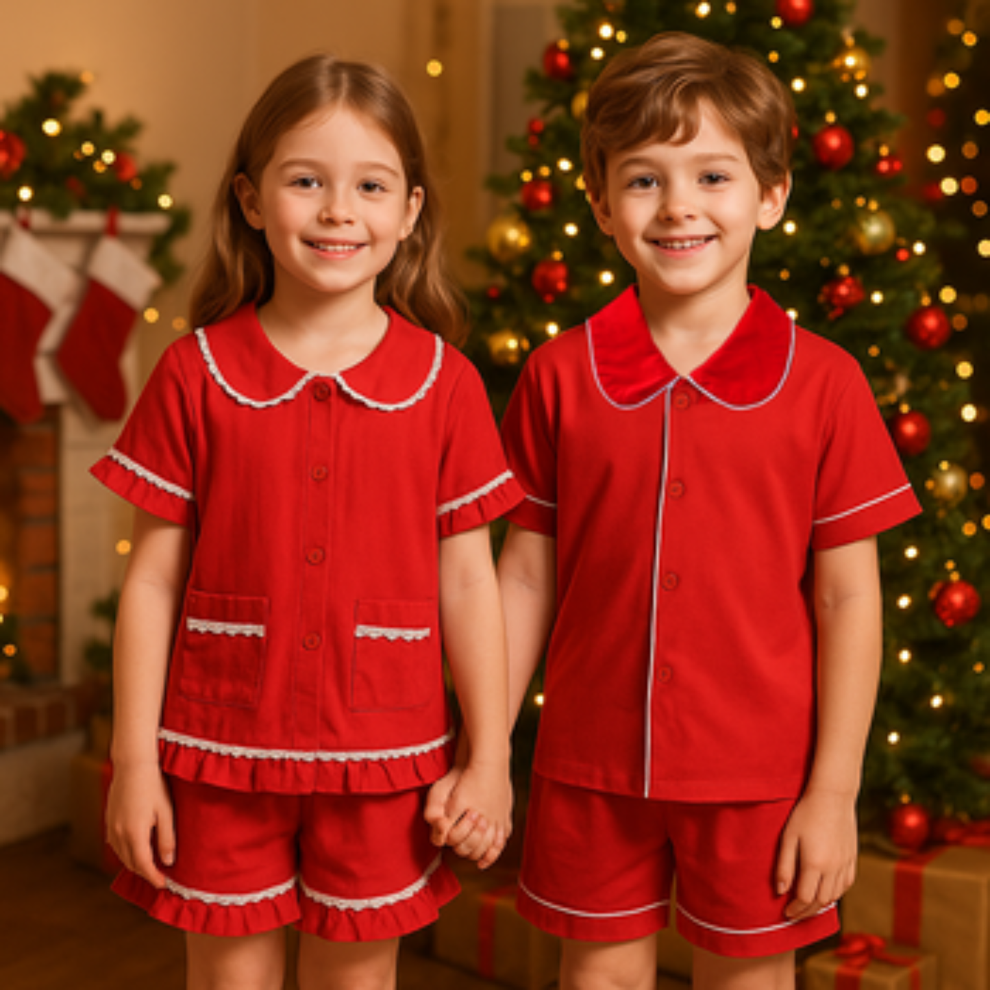 Red Cotton Pajamas for Kids, Mom & Dad