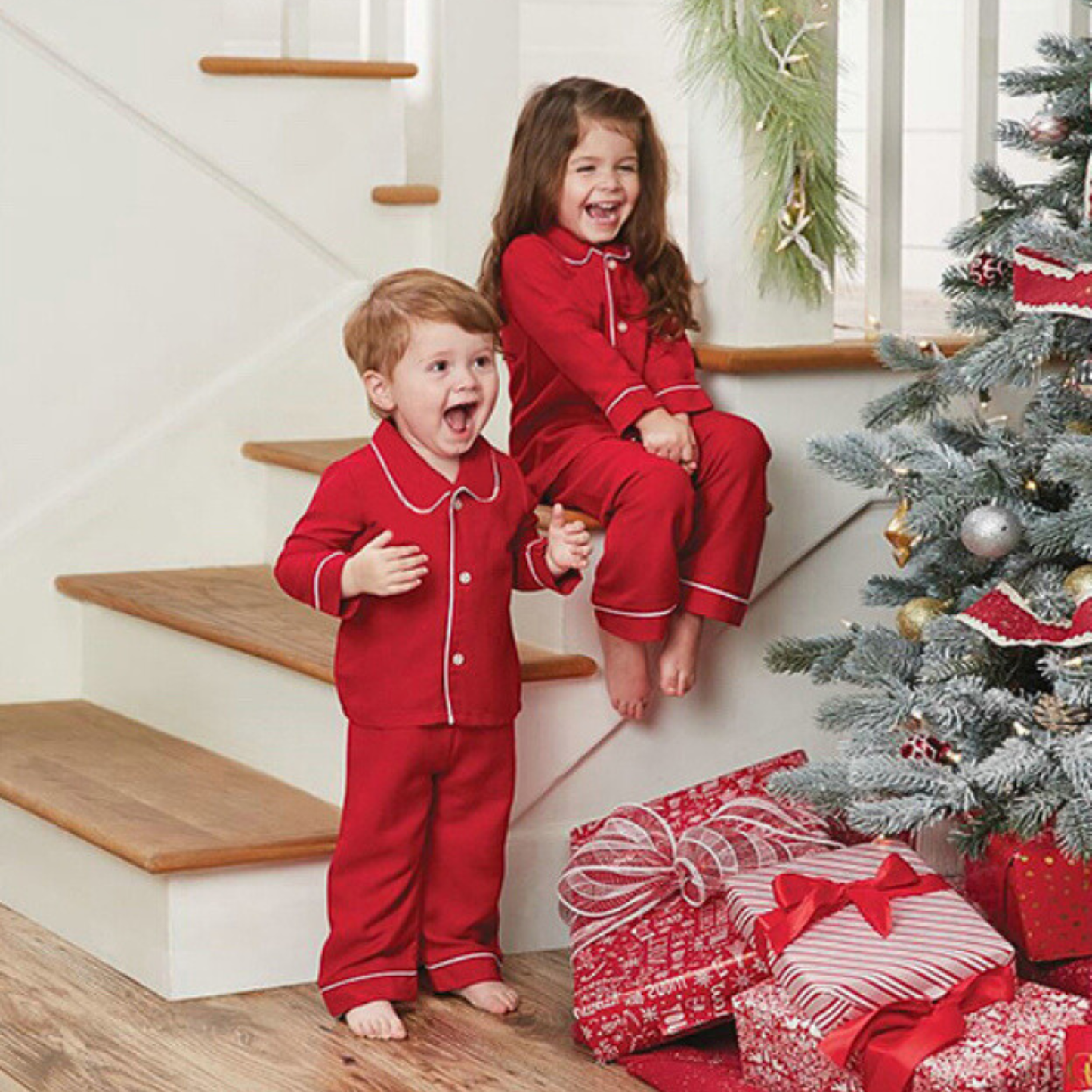 Red Cotton Pajamas for Kids, Mom & Dad