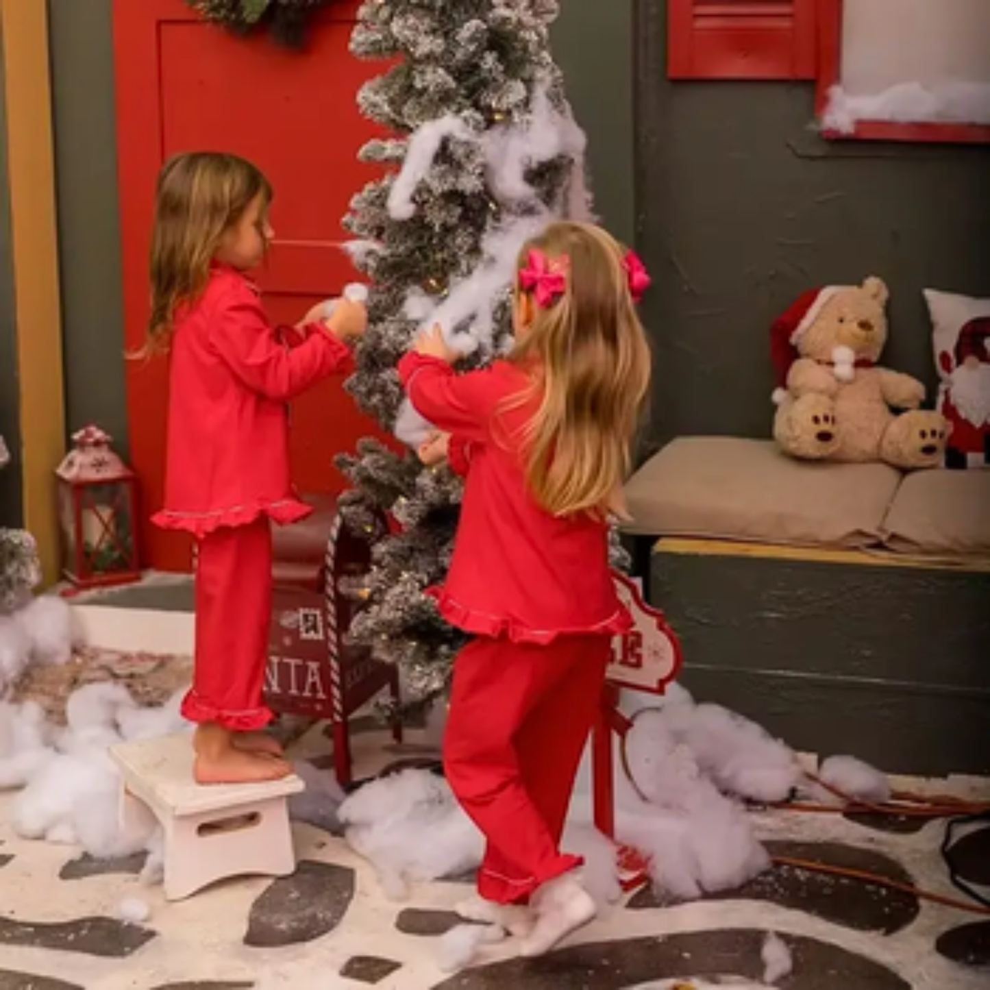 Red Cotton Pajamas for Kids, Mom & Dad