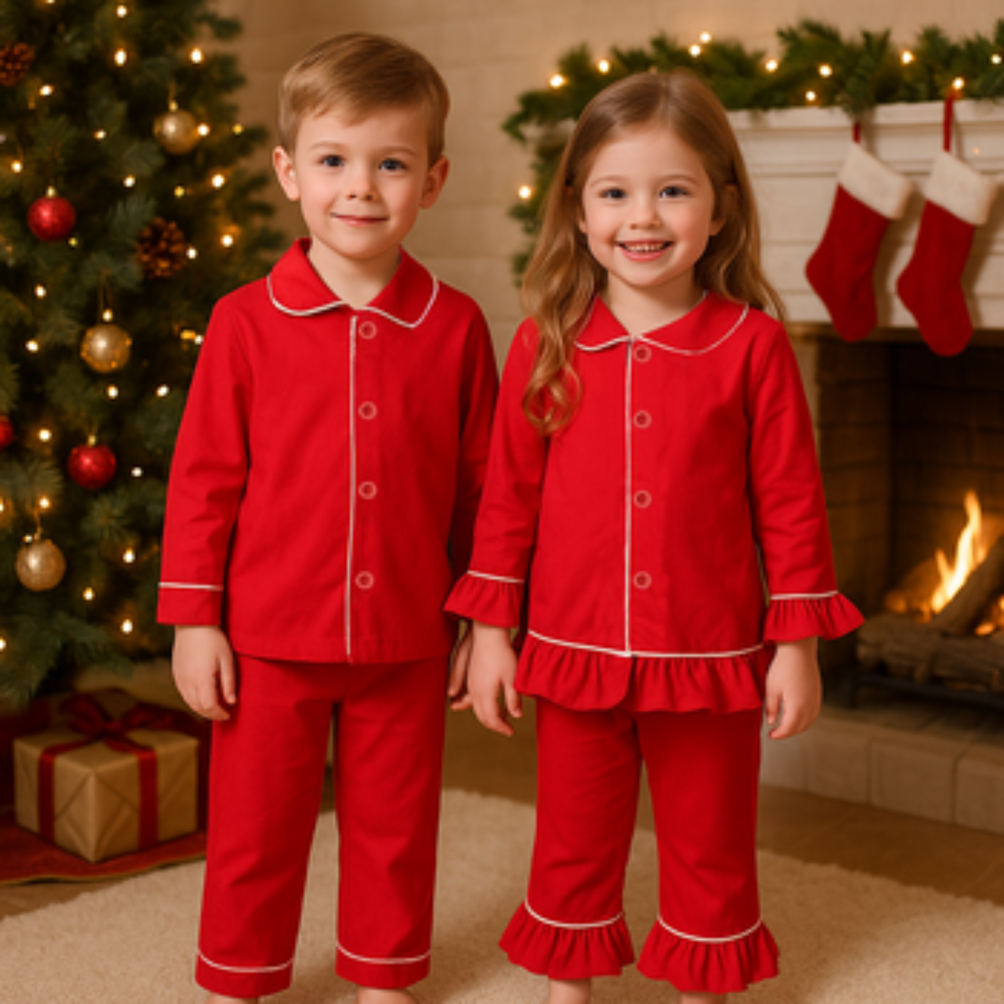 Red Cotton Pajamas for Kids, Mom & Dad