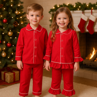 Red Cotton Pajamas for Kids, Mom & Dad